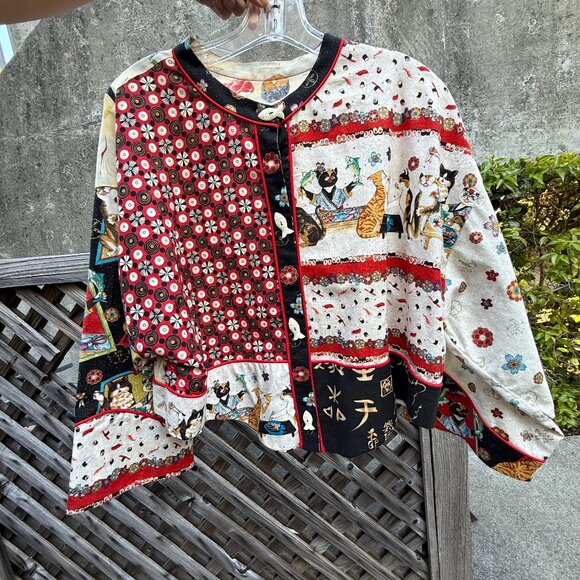 🐱🍣Handmade Japanese Sushi + Cats Printed Cotton Cropped Top/Jacket Whimsical - Picture 12 of 14